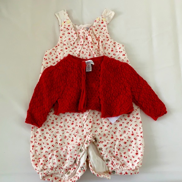 Red flowers romper with knitted red cardigan - Picture 1 of 3